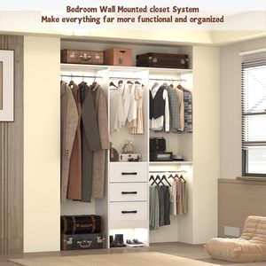 Wall-Mounted Closet Organizer System with 3 Hanging Rods and 3 Drawers Walk-in Wardrobe with <strong>Shelving</strong> for Bedroom Storage - Product Image 2