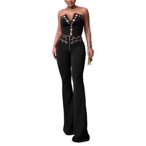 ชุดเซ็ตสองชิ้นสำหรับผู้หญิง ดีไซน์ทันสมัย คอวี ตกแต่งกระดุมโลหะแบบรูตาไก่ ผ้าสแปนเด็กซ์ ยืดได้ ทรงทูปท็อปแขนกุด - Product Image 4