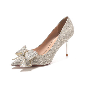 Zapatos de novia con punta en pico y tacón de aguja con brillantina, con lazo, sin cordones, de tacón alto, para novia y damas de honor. - Product Image 5