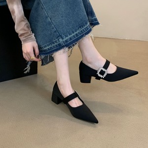 Zapatos de Tacón Alto con Hebilla de Cinturón Estilo Coreano Mary <span class=keywords><strong>Jane</strong></span> para Mujer, Punta Puntiaguda, Primavera 2025, Tacón Medio Grueso, Microfibra Negra con Pedrería - Product Image 3