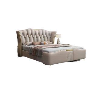 Muebles de dormitorio de lujo italianos para el hogar, venta al por mayor, camas modernas de <span class=keywords><strong>madera</strong></span> de metal dorado con <span class=keywords><strong>cabecero</strong></span> de cuero tamaño King y sábanas - Product Image 1