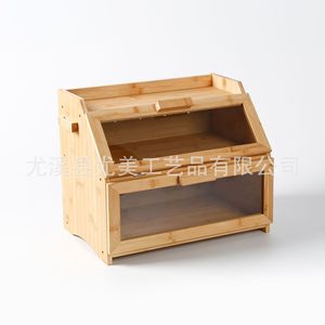 Cross-border wooden cake <b>box</b>/bread storage <b>box</b>, bamboo bread <b>box</b> with transparent <b>glass</b>, double-layer kitchen storage <b>box</b> - Product Image 4