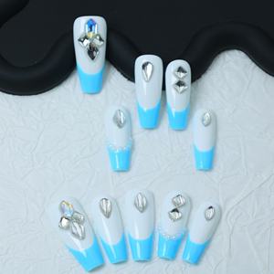 Uñas postizas de lujo acrílicas 3D con mariposas y puntas francesas, hechas a mano, de cobertura completa, largas, tipo ataúd, de alta calidad, para venta al por mayor. - Product Image 3