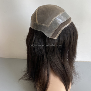 Sistema de reemplazo de alta calidad con base de encaje de acebo al por mayor, pegamento para prótesis capilar, 100% pelucas indias, Parche de cabello humano, tupé para hombres - Product Image 1