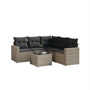 Conjunto de Sofá de Jardín de Ratán Gris, 6 Plazas, Patas Ajustables, Muebles de Exterior, Diseño Contemporáneo - Product Image 1