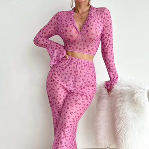 Conjunto de lencería de malla <span class=keywords><strong>transparente</strong></span> de manga larga erótica de Venta caliente Conjunto de ropa interior de mujer con estampado de corazón sexy - Product Image 2