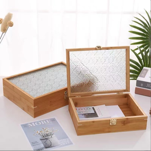 Bamboo Rectangle <strong>Decorative</strong> <strong>Storage</strong> <strong>Box</strong> with Carved Glass Lid Foldable <strong>Storage</strong> Container - Product Image 1