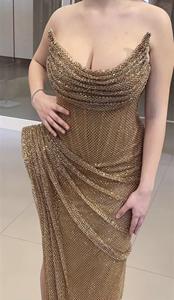 金色女士长落地舞会礼服性感无袖前开缝珠饰自然腰线透气派对风格 - Product Image 3