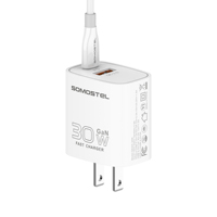 Pengisi Daya Cepat GaN 30W USB C PD dengan Kabel 1M Colokan UK Pengisi Daya Dinding Kompak untuk Smartphone Tablet Laptop