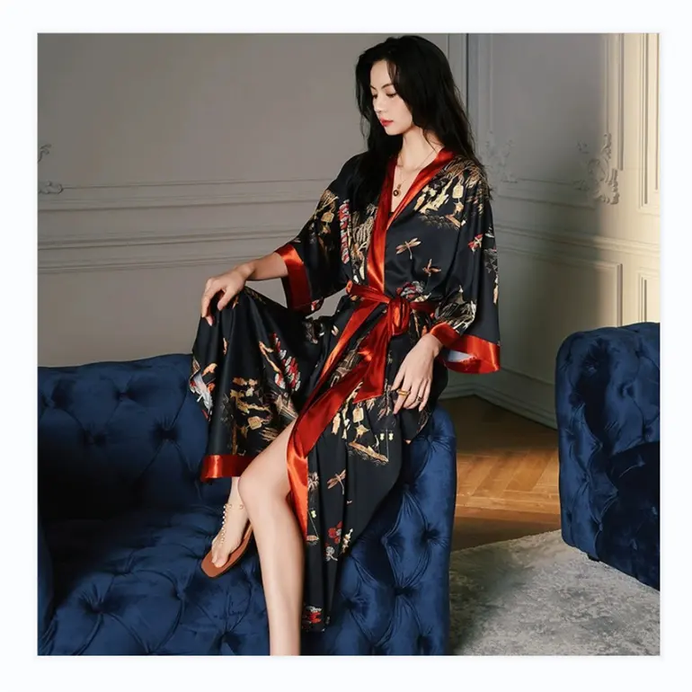Kustom Kualitas Tinggi Penuh Panjang Gaun Tidur dan Jubah Set Panjang Sutra Satin Kimono Jubah Baju Tidur Panjang Satin Wanita Kimono Wanita