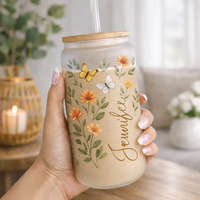 Gelas Kopi Dingin Personal 12oz 16oz 20oz, Gelas Bir Kaca, Tumbler Kaca Borosilikat Custom Motif Bunga dengan Tutup dan Sedotan