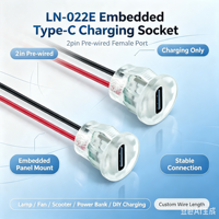 LN-DC-022E Puerto USB-C hembra de montaje a presión, redondo de 2 pines, con cable de 15 cm y 24 AWG, conector de carga tipo C para carga de juguetes eléctricos y afeitadoras