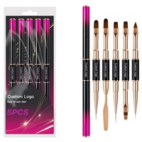 Lot de 5 pinceaux à ongles double embout 2-en-1, poils en nylon, pinceaux plats et ovales pour gel de construction avec capuchon, manche or rose, logo personnalisé