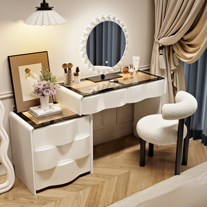 Minimalist Wooden <b>Vanity</b> Table With Lighted Mirror For <b>Bedroom</b> Makeup Station - Product Image 4