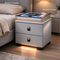 Table de chevet nordique simple et intelligente avec chargeur sans fil, plateau en verre, lumière LED, 2 tiroirs, grande capacité, table de chevet pour chambre à coucher