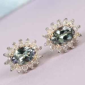 Bijoux en or jaune 14 carats Diamant 1,30 Ctw Halo ovale Taillé Tanzanite verte de qualité supérieure Boucles d'oreilles à clous Boucles d'oreilles classiques pour femmes - Product Image 4