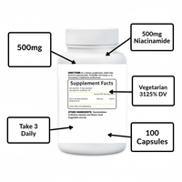 Capsules de Niacinamide 500mg de Haute Qualité, Marque Privée OEM, Sans Effet de Rougeur, Supplément de Vitamine B3 pour la Santé de la Peau et du Cœur