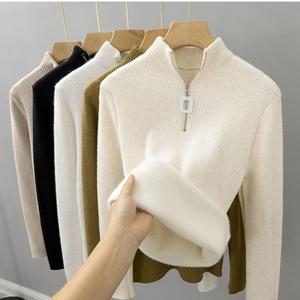 เสื้อสเวตเตอร์ผ้าฟลีซแบบหนาสำหรับผู้หญิง ฤดูใบไม้ร่วง/ฤดูหนาว แบบชิ้นเดียว มีซิป คอเต่าครึ่งตัว แฟชั่น - Product Image 3