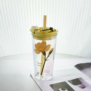 Vaso <span class=keywords><strong>de</strong></span> café <span class=keywords><strong>de</strong></span> gran capacidad con diseño floral simple para niñas, <span class=keywords><strong>de</strong></span> vidrio, para beber directamente, desechable, apto para lavavajillas, <span class=keywords><strong>de</strong></span> alto valor cromático. - Product Image 1