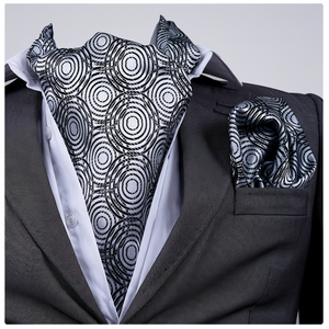 Ensemble Ascot et Pochette Exclusif pour Homme Exve, Style Géométrique Gris et Noir, Tissu Satiné Formel 100% Soie - Product Image 2