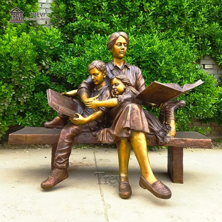 Outdoor Metal Art Bronze Girl Reading Book Custom Sculpture Lady Statue Sitting On Bench With Kids