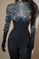 Sexy noir manches longues strass barboteuses femmes DJ chanteur Showgirl danseur body Festival tenue fête célébration combinaisons