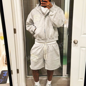 Custom <b>Mens</b> Zip up Hoodies Tracksuit Set Embroidery <b>Patch</b> logo Gray Sweat Suit Two Piece Set Unisex Custom Hoodie and <b>Shorts</b> Set - Product Image 3