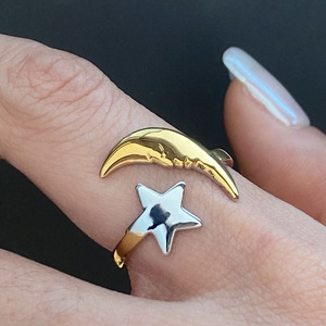 Star And Moon <b>Open</b> <b>Ring</b> Two Tone Stainless Steel Minimalist Design Unisex Jewelry Gift - Product Image 4