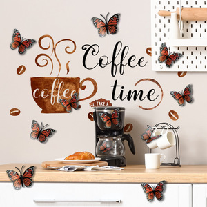 Adesivo da parete con tazza di caffè inglese più 12 farfalle 3D cucina ristorante sfondo decorativo adesivo da parete - Product Image 5