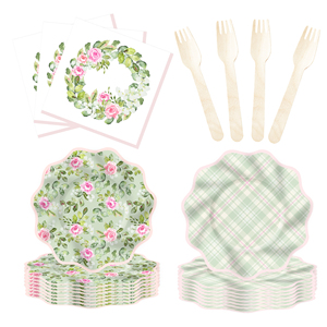 Ensemble de vaisselle sur le thème de la rose verte DAMAI pour fête du thé, anniversaire d'enfants, printemps, assiettes en papier, gobelets, serviettes, ensemble floral à carreaux verts - Product Image 6