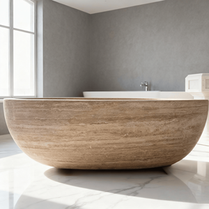 Bañera Ovalada de Piedra Arenisca con Acabado de Madera, Bañera Independiente de Piedra Sólida para Baños de Lujo - Product Image 3