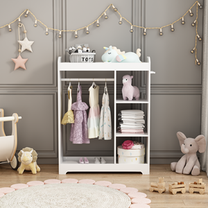 Kids Dress <strong>up</strong> Storage with Mirror&amp;Hooks, Wooden Clothes Rack, Hanging Rod, Shelves Organizer for Playroom Bedroom Nursery White - Product Image 4