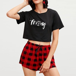Nouvel ensemble de pyjama d'été pour femme style UE/US, imprimé <span class=keywords><strong>FRIDAY</strong></span>, manches courtes et short, deux pièces, en polyester et élasthanne - Product Image 1