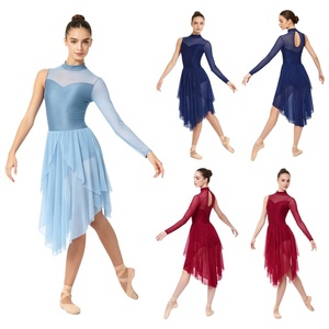 Tenue d'entraînement pour femmes, robe de danse lyrique à manches longues, dos découpé, ourlet irrégulier, vêtements de danse moderne pour spectacles - Product Image 1