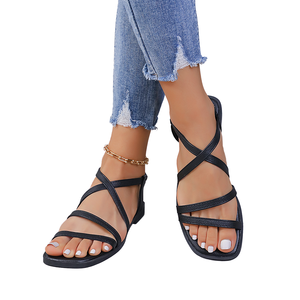 Sandalias Planas de Moda con Parte Superior de PVC Negro, Punta Abierta, Forro de PU, Suela de EVA, Ligeras, para Verano, Otoño, Primavera, Uso Casual, Playa - Product Image 1