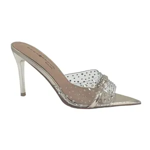 Out-Wear Ladies Stiletto Pointy Mules Talons transparents Peep-toe Dress Mules avec strass pour le dîner et le bal