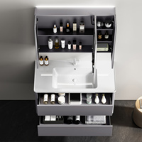 Armoire de salle de bain à double porte avec miroir intelligent anti-buée, interrupteur tactile et éclairage intégré, en contreplaqué gris, ensemble mural pour salle de bain