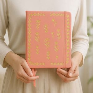 Coral Pink Flower 160gsm PU Leather <b>Journal</b> Gold Foil Hardcover A5 Notebook with Double Ribbon Gift Sewing Binding - Product Image 3