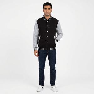 Chaqueta universitaria personalizada negra y gris, estilo letterman, cuerpo de lana, mangas en contraste, estilo béisbol, chaqueta bomber, ropa informal, estampada. - Product Image 1