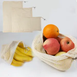 Günstige Custom ized Label Baumwolle Kaliko Mesh Kordel zug Förderung Supermarkt Lebensmittel Schnüre Tasche atmungsaktive Obst Taschen