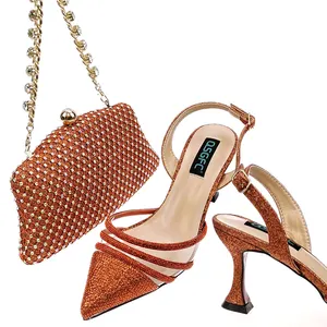 Zapatos de tacón alto para mujer, calzado de boda nigeriano con piedra brillante naranja, zapatos italianos con bolsas a juego para fiesta africana