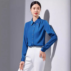 Women's Blue Satin Long Sleeve Shirt Solid Color Office Wear Slim Fit Elegant Professional Blouse - Product Image 4