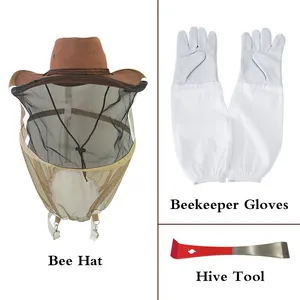 Topi koboi Beekeeping, topi kerudung untuk penjaga lebah, sarung tangan tahan debu, kit alat sarang lebah