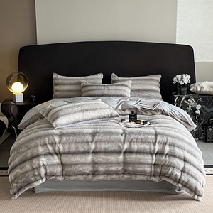 Lujo Faux Rabbit Fur Stripe Fleece 4PCS Juego de ropa de <span class=keywords><strong>cama</strong></span> Juego de funda de edredón cálido Funda de edredón Juego de sábanas planas para invierno - Product Image 4