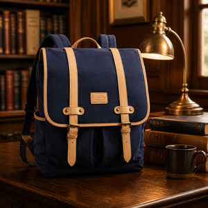 Classic Navy Canvas Laptop <b>Backpack</b> with Leather <b>Straps</b> Zipper Closure Unisex Softback 20-39L Waterproof USB Port Durable Design - Product Image 1