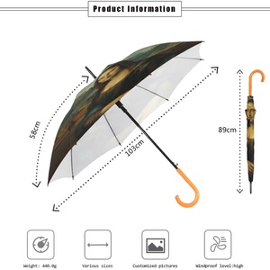 Wood Grain Pattern Hook Shaped Handle Straight <b>Umbrella</b> Mona Lisa's Smile Dye Sublimation Print Auto Open Button Business Gift - Product Image 5