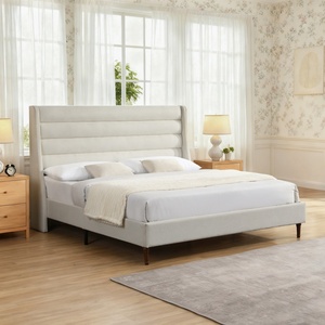 Cadre de lit King Size en chenille avec tête de lit haute et plateforme rembourrée à motif ondulé, lit plateforme moderne sans <span class=keywords><strong>sommier</strong></span>, ivoire - Product Image 4
