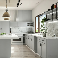 Meubles de cuisine modernes en bois massif noir et blanc sans poignées, design écologique, portes à panneaux modulaires personnalisées, évier avec plateau en pierre épaisse