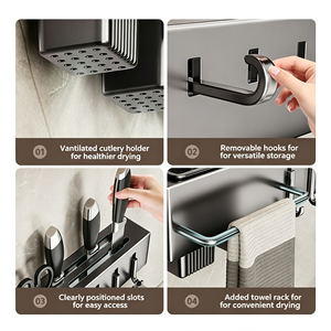 Organizador de Cocina Multifuncional de Pared, Metálico y PP, para Almacenamiento de Cuchillos y Utensilios, con Ganchos para Colgar y Barra para Toallas - Product Image 2