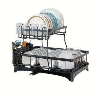Égouttoir à vaisselle double niveau en métal détachable pour baguettes et ustensiles de cuisine, avec plateau de drainage, pour comptoir de cuisine domestique - Product Image 1